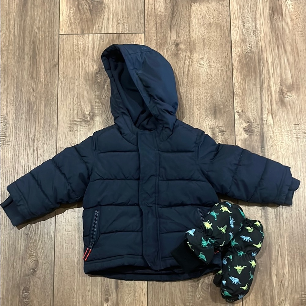 Old Navy Hooded Puffer Jacket with Dinosaur Mittens